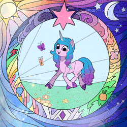 Size: 630x630 | Tagged: safe, artist:rumista, derpibooru import, izzy moonbow, butterfly, insect, pony, unicorn, animated, cute, female, g5, gif, image, izzybetes, mare, solo, stained glass