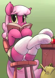 Size: 1480x2093 | Tagged: source needed, suggestive, artist:atryl, artist:siden, banned from derpibooru, deleted from derpibooru, derpibooru import, cheerilee, earth pony, pony, art pack:playpony issue 3, anus cameltoe, apple, backpack, book, chair, clothes, cute, desk, female, food, image, jpeg, looking at you, mare, panties, reading, simple background, sitting, skirt, socks, solo, solo female, stockings, stool, sweat, thigh highs, underhoof, underwear, upskirt