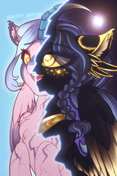 Size: 2000x3000 | Tagged: safe, artist:shad0w-galaxy, derpibooru import, oc, oc:cosmic star, unofficial characters only, alicorn, pony, chest fluff, commission, curved horn, cute, diabetes, ear fluff, folded wings, glow, glowing eyes, glowing horn, high res, horn, image, jewelry, makeup, necklace, open mouth, png, regalia, simple background, solo, split screen, wings