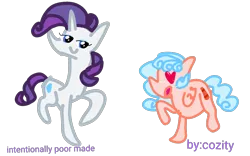 Size: 1280x800 | Tagged: safe, artist:cozity, derpibooru import, cozy glow, rarity, pegasus, pony, unicorn, 1000 hours in ms paint, :o, age difference, chubby, cozity, eyeshadow, female, filly, foal, folded wings, freckles, heart eyes, image, looking at each other, looking at someone, makeup, mare, missing accessory, open mouth, png, quality, raised hoof, rarara, raricozy, simple background, smiling, standing on two hooves, text, transparent background, wingding eyes, wings