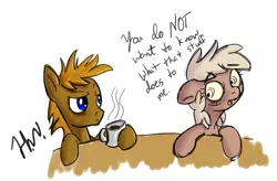 Size: 900x591 | Tagged: safe, artist:muggyheatwave, derpibooru import, oc, oc:forty winks, oc:frumplebean, 2013, coffee, coffee mug, drinking, image, insomnia, jpeg, looking at each other, looking at someone, mug, sleepy, table, tired