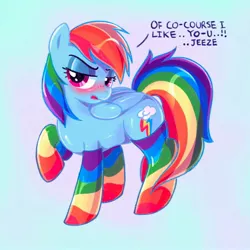 Size: 2000x2000 | Tagged: safe, artist:mediocremare, derpibooru import, rainbow dash, pegasus, pony, blue background, blushing, blushing profusely, clothes, cute, dashabetes, female, image, jpeg, mare, rainbow socks, raised hoof, shy, simple background, socks, solo, speech, striped socks, talking