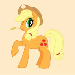 Size: 2000x2000 | Tagged: safe, artist:mediocremare, derpibooru import, applejack, earth pony, pony, applejack's hat, cowboy hat, female, freckles, full body, hat, high res, hooves, image, jpeg, looking at you, mare, one eye closed, raised hoof, simple background, smiling, solo, standing, straw in mouth, tail, tan background