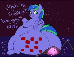 Size: 1562x1202 | Tagged: suggestive, artist:ahobobo, derpibooru import, oc, oc:felicity stars, unofficial characters only, pegasus, pony, belly, big belly, butt, crushing, dialogue, fat, female, image, large butt, obese, png, risk of rain, risk of rain 2, squashed, the ass was fat, voidling