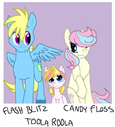 Size: 481x531 | Tagged: safe, artist:ive-moved-bitches, derpibooru import, toola roola, oc, oc:candy floss, oc:flash blitz, earth pony, pegasus, pony, earth pony oc, family photo, female, filly, foal, g1, g1 to g4, generation leap, hair over one eye, image, looking at each other, looking at someone, male, mare, png