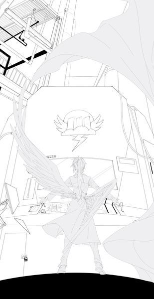 Size: 1680x3261 | Tagged: safe, artist:catalpasong, derpibooru import, rainbow dash, human, pegasus, fanfic:pegasus device, fanfic:rainbow factory, black and white, cables, clothes, computer, electronics, factory, fanfic art, grayscale, humanized, image, industrial, jpeg, lab coat, machine, machinery, monochrome, pegasus device, pipe (plumbing), rainbow factory dash, rainbow factory logo