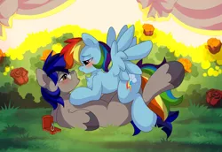 Size: 5800x3980 | Tagged: safe, artist:haruk, derpibooru import, rainbow dash, oc, oc:aerial ace, earth pony, pegasus, pony, blushing, canon x oc, commission, glasses, image, jewelry, kissing, png, ring, wedding ring