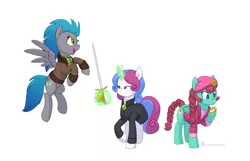 Size: 1428x920 | Tagged: safe, artist:carnifex, derpibooru import, oc, oc:bluebolt, oc:sundial, oc:sweet symphony, unofficial characters only, pegasus, pony, unicorn, beret, clothes, crisis equestria, female, hat, image, jacket, jpeg, levitation, magic, mare, pocket watch, rapier, simple background, sword, telekinesis, trio, weapon, white background