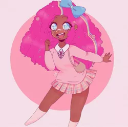 Size: 1125x1118 | Tagged: safe, artist:u/jolijoli3, derpibooru import, pinkie pie, human, best pony, blue eyes, bow, candy, clothes, cute, dark skin, female, food, g4, happy, humanized, image, jpeg, kinky hair, knee high socks, open mouth, pink background, pink hair, pleated skirt, purse, simple background, skirt, socks, solo, sweater vest