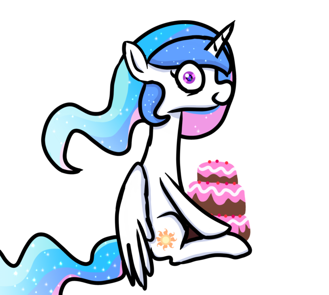 Size: 4000x3580 | Tagged: safe, artist:naturajellyfish, derpibooru import, princess celestia, princess luna, alicorn, pony, cake, cakelestia, cutie mark, ethereal mane, eye clipping through hair, eye reflection, female, folded wings, food, high res, image, looking at you, mare, png, reflection, simple background, sitting, smiling, smiling at you, solo, starry mane, transparent background, wings