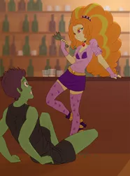 Size: 5233x7030 | Tagged: safe, artist:carnifex, derpibooru import, adagio dazzle, oc, oc:protein shake, comic:we will be adored, alternate clothes, bar, clothes, gem, image, imminent violence, looking at each other, looking at someone, png, siren gem, skirt, threatening