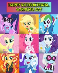 Size: 1920x2400 | Tagged: safe, derpibooru import, edit, edited screencap, editor:itsmgh1203, screencap, applejack, fluttershy, photo finish, pinkie pie, rainbow dash, rarity, sci-twi, sunset shimmer, trixie, twilight sparkle, equestria girls, equestria girls series, applejack's hat, bowtie, bracelet, clothes, cowboy hat, female, geode of empathy, geode of fauna, geode of shielding, geode of sugar bombs, geode of super speed, geode of super strength, geode of telekinesis, glasses, hairpin, hat, hoodie, humane five, humane seven, humane six, image, international women's day, jewelry, jpeg, magical geodes, necklace, open mouth, open smile, ponytail, rarity peplum dress, smiling, tanktop, women's day