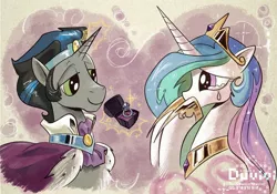 Size: 2048x1431 | Tagged: safe, artist:duvivi, derpibooru import, idw, king sombra, princess celestia, alicorn, pony, unicorn, reflections, spoiler:comic, celestibra, crown, crying, engagement ring, female, good king sombra, heart, heart background, hoof over mouth, i can't believe it's not idw, image, jewelry, jpeg, lidded eyes, male, mare, marriage proposal, regalia, ring, shipping, smiling, stallion, straight, style emulation, tears of joy, watermark