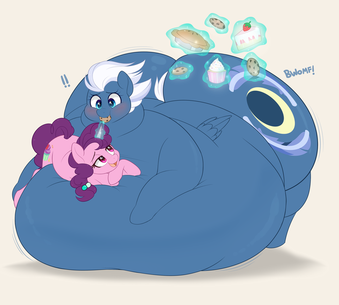 Size: 3000x2700 | Tagged: questionable, artist:montsundere, derpibooru import, night glider, sugar belle, pegasus, pony, unicorn, belly, belly bed, big belly, blushing, butt, cake, chubby cheeks, cookie, cupcake, duo, exclamation point, fat, feedee, feeder, feeding, female, food, glow, glowing horn, high res, horn, huge belly, huge butt, image, impossibly large belly, large butt, lying down, lying on top of someone, magic, magic aura, morbidly obese, neck roll, night wider, obese, pie, png, prone, simple, squishy, telekinesis