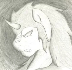 Size: 1721x1665 | Tagged: safe, artist:note-sketch, derpibooru import, king sombra, unicorn, angry, dark magic, darkness, horn, image, jpeg, madness, magic, male, monochrome, shadow, sketch, small horn, solo, villian