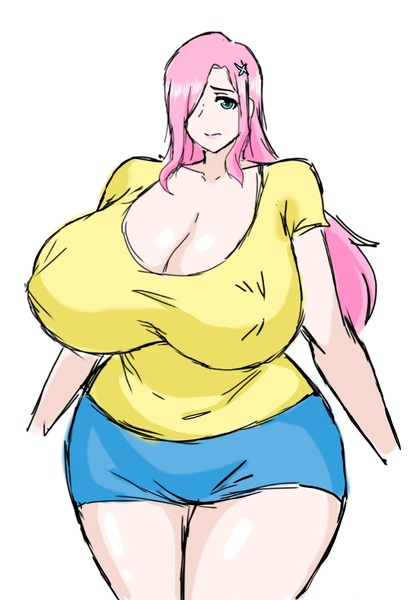 Size: 1213x1754 | Tagged: suggestive, artist:psumninghon, derpibooru import, fluttershy, human, big breasts, breasts, busty fluttershy, cleavage, clothes, erect nipples, female, hair over one eye, hairpin, huge breasts, humanized, image, jpeg, looking at you, shirt, shorts, simple background, solo, solo female, white background