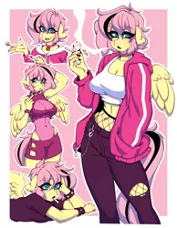 Size: 1358x1754 | Tagged: safe, artist:tolsticot, derpibooru import, fluttershy, anthro, pegasus, plantigrade anthro, alternate hairstyle, armpits, belly button, bellyring, bracelet, breasts, busty fluttershy, candy, choker, chokershy, cigarette, clothes, ear piercing, earring, emoshy, eyebrow piercing, eyebrows, eyebrows visible through hair, female, food, hand in pocket, hoodie, image, jewelry, midriff, pants, piercing, png, smoking, spiked choker, spiked wristband, sports bra, sucker, wristband