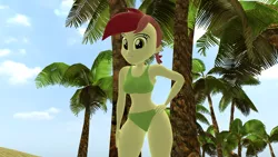 Size: 1920x1080 | Tagged: suggestive, artist:mr.uberrebu25, derpibooru import, roseluck, equestria girls, 3d, beach, beach babe, bikini, bikini babe, breasts, busty roseluck, clothes, green swimsuit, hand on hip, image, looking at you, palm tree, png, solo, swimsuit, tree