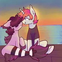 Size: 1280x1280 | Tagged: safe, artist:mxmx fw, derpibooru import, oc, oc:alandisc, oc:mxmx fw, ponified, bat pony, merpony, pony, siren, unicorn, 2 males, beach, curly hair, ear tuffs, fangs, fish tail, gay, image, kissing, male, ocean, png, raised hoof, sitting, stripes, sun, sunset, tail, water