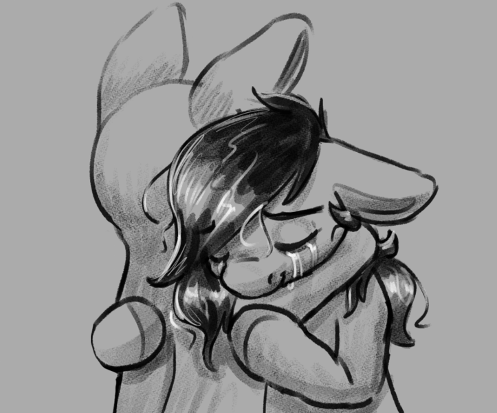 Size: 1114x924 | Tagged: safe, artist:aliceg, derpibooru import, oc, oc:floor bored, pony, hug, image, monochrome, png