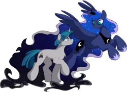 Size: 2603x1895 | Tagged: safe, artist:crimmharmony, derpibooru import, princess luna, stygian, alicorn, unicorn, duo, image, looking at each other, looking at someone, png, simple background, spread wings, transparent background, wings