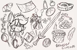 Size: 2260x1462 | Tagged: safe, artist:star-theft, derpibooru import, oc, unofficial characters only, mouse, pony, apple, bread, campfire, compass, food, frying pan, image, map, png, rope, sketch, sketch dump, solo, sword, weapon