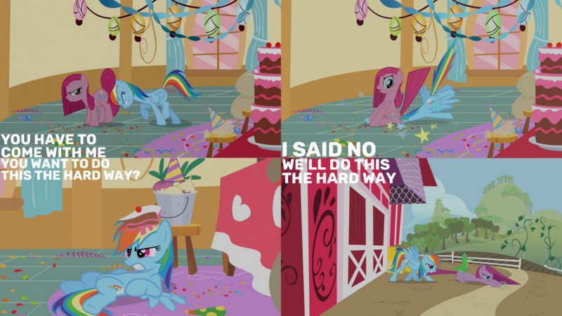 Size: 1280x720 | Tagged: safe, derpibooru import, edit, edited screencap, editor:quoterific, screencap, gummy, pinkie pie, rainbow dash, alligator, earth pony, pegasus, pony, party of one, season 1, eyes closed, female, image, male, mare, out of context, pinkamena diane pie, png, spread wings, sugarcube corner, text, wings