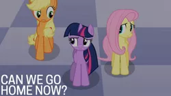 Size: 1280x720 | Tagged: safe, derpibooru import, edit, edited screencap, editor:quoterific, screencap, applejack, fluttershy, twilight sparkle, earth pony, pegasus, pony, unicorn, season 2, the return of harmony, applejack's hat, cowboy hat, female, hat, image, jpeg, mare, text, trio, unicorn twilight