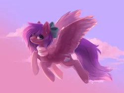 Size: 1024x768 | Tagged: safe, artist:joellethenose, derpibooru import, oc, unofficial characters only, pegasus, pony, bow, clothes, cloud, female, flying, hair bow, image, jpeg, looking at you, mare, scarf, signature, sky, smiling, solo, spread wings, wings