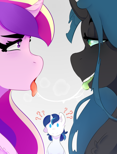 Size: 3816x5002 | Tagged: suggestive, artist:kisselmr, derpibooru import, princess cadance, queen chrysalis, shining armor, alicorn, changeling, unicorn, cadalis, drool, drool string, female, image, infidelity, kissing, lesbian, lesbian in front of boys, male, misunderstanding, png, question mark, shipping
