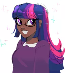 Size: 1280x1452 | Tagged: safe, artist:pygmimi, derpibooru import, twilight sparkle, human, best pony, blackwashing, blushing, clothes, cute, dark skin, female, g4, glasses, grin, humanized, image, looking right, nerd, nigger, open mouth, png, simple background, sketch, smiling, solo, sparkles, sweater vest, twiabetes, unfinished art