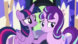 Size: 1280x720 | Tagged: safe, derpibooru import, screencap, starlight glimmer, twilight sparkle, twilight sparkle (alicorn), alicorn, pony, unicorn, season 5, the cutie re-mark, duo, duo female, female, grin, image, mare, nervous, nervous grin, png, smiling, solo