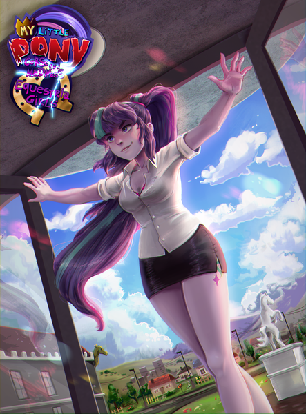 Size: 2107x2851 | Tagged: safe, artist:rysunkowasucharia, derpibooru import, starlight glimmer, equestria girls, breasts, canterlot high, cleavage, comic cover, cover, cutie mark, cutie mark on equestria girl, fanfic art, female, grin, image, logo, png, s5 starlight, smiling, solo, statue