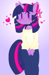 Size: 1176x1800 | Tagged: safe, artist:computershits, derpibooru import, twilight sparkle, anthro, unicorn, bra, bra strap, choker, clothes, female, hair accessory, heart, image, jeans, lightly watermarked, pants, png, simple background, smiling, solo, sparkles, sparkly eyes, sweater, underwear, unicorn twilight, watermark, wingding eyes