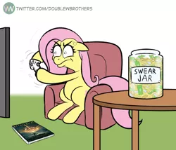Size: 575x492 | Tagged: safe, artist:doublewbrothers, derpibooru import, fluttershy, pegasus, pony, coin, couch, cross-popping veins, elden ring, image, jpeg, money, playing, swear jar