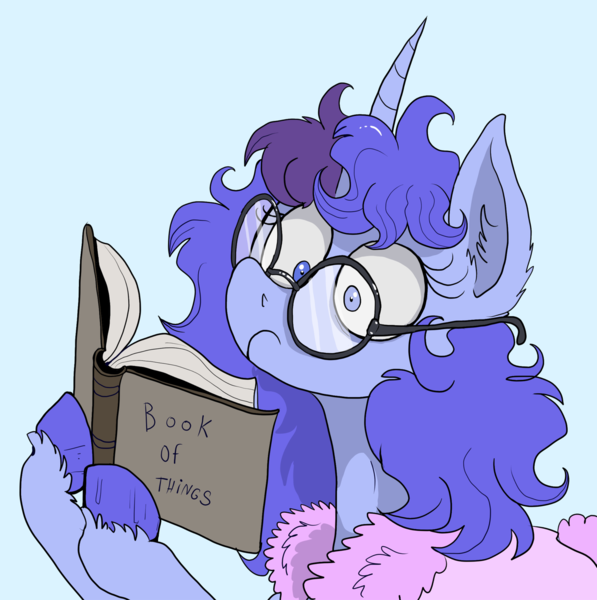 Size: 1307x1313 | Tagged: safe, artist:paskanaakka, derpibooru import, oc, oc:midnight dew, unofficial characters only, pony, unicorn, bathrobe, book, clothes, colored hooves, derpibooru exclusive, ear fluff, female, glasses, image, mare, png, robe, simple background, solo, unshorn fetlocks