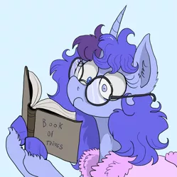 Size: 1307x1313 | Tagged: safe, artist:paskanaakka, derpibooru import, oc, oc:midnight dew, unofficial characters only, pony, unicorn, bathrobe, book, clothes, colored hooves, derpibooru exclusive, ear fluff, female, glasses, image, mare, png, robe, simple background, solo, unshorn fetlocks