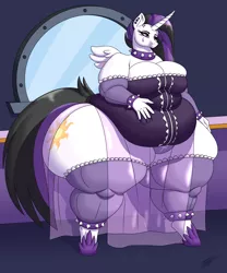 Size: 3000x3600 | Tagged: suggestive, artist:nonuberis, artist:thespacepon3, derpibooru import, princess celestia, alicorn, anthro, unguligrade anthro, belly, breasts, butt, clothes, collar, dress, fat, female, goth, huge butt, image, impossibly large butt, impossibly wide hips, impossibly wide thighs, large butt, leggings, mirror, obese, png, punklestia, small wings, solo, solo female, spiked collar, thighs, wide hips, wings