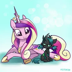 Size: 2048x2048 | Tagged: safe, artist:pfeffaroo, derpibooru import, princess cadance, queen chrysalis, alicorn, changeling, nymph, pony, duo, female, filly, filly queen chrysalis, image, jpeg, younger
