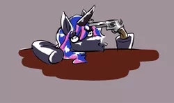 Size: 680x406 | Tagged: semi-grimdark, artist:mermaxthegoat572, derpibooru import, princess luna, pony, attempted suicide, crappy art, dark comedy, depression, g4, gun, handgun, image, jpeg, parody, revolver, scene parody, struggling, table, weapon