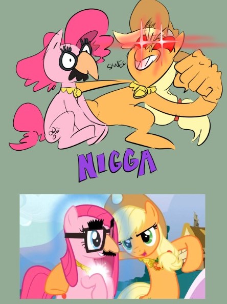 Size: 444x593 | Tagged: safe, artist:mermaxthegoat572, derpibooru import, screencap, applejack, pinkie pie, pony, friendship is magic, comedy, fist, image, jpeg, meme, n word, parody, punch, scene interpretation, scene parody, shitposting, x intensifies