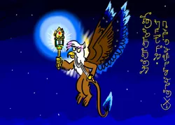 Size: 1024x732 | Tagged: safe, artist:horsesplease, derpibooru import, gilda, gryphon, angel, colored wings, colored wingtips, conlang, emerald, flying, halo, image, jpeg, khopesh, lantern, night, rabydosverse, sarmelon day, sarmelonid, spinel, stars, sword, tail, tail of fire, vozolaz, vozonid, weapon, wings