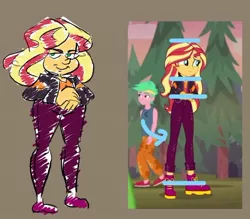 Size: 642x563 | Tagged: safe, artist:mermaxthegoat572, derpibooru import, edit, screencap, sunset shimmer, human, equestria girls, bad edit, comparison, image, jpeg, long legs, parody, scene interpretation, scene parody, shitposting, show accurate