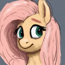 Size: 2048x2048 | Tagged: safe, artist:dummyhorse, derpibooru import, fluttershy, pony, aside glance, bust, female, gray background, high res, image, jpeg, looking at you, mare, portrait, sideways glance, simple background, solo, three quarter view