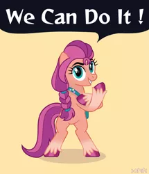 Size: 1649x1920 | Tagged: safe, artist:grapefruit-face, derpibooru import, sunny starscout, bag, base used, bicep, bipedal, bras d'honneur, feminism, g5, image, looking at you, png, rosie the riveter, saddle bag, solo, standing, we can do it!