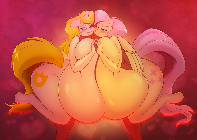 Size: 5423x3864 | Tagged: questionable, artist:goblinhordestudios, derpibooru import, fluttershy, oc, oc:white heart, anthro, unguligrade anthro, abstract background, absurd resolution, bedroom eyes, big breasts, blushing, breasts, busty fluttershy, canon x oc, commission, complete nudity, duo, duo female, female, huge breasts, hyper, hyper breasts, image, impossibly large breasts, lesbian, male, png, rule 63, shipping, straight, whiteshy