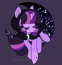 Size: 835x875 | Tagged: safe, artist:computershits, derpibooru import, twilight sparkle, unicorn, fanfic:friendship is tragic, broken horn, cloak, clothes, crying, eyes closed, female, floating, friendship is tragic (obabscribbler), hoof heart, horn, image, lightly watermarked, moon, png, simple background, solo, stars, unicorn twilight, watermark