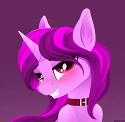 Size: 2919x2862 | Tagged: safe, artist:andaluce, derpibooru import, oc, unofficial characters only, pony, unicorn, blushing, bust, collar, colt, ear fluff, femboy, foal, gradient background, image, lineless, male, png, smiling, solo