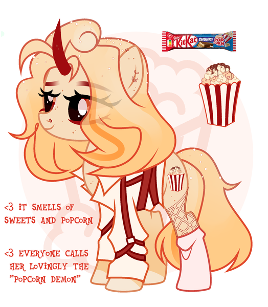 Size: 2070x2372 | Tagged: safe, artist:idkhesoff, derpibooru import, oc, oc:salty sweet, unofficial characters only, pony, unicorn, belt, candy, chocolate, clothes, curved horn, ear piercing, earring, female, fishnets, food, freckles, horn, image, jewelry, kit-kat, mare, markings, nose piercing, nose ring, piercing, png, popcorn, reference sheet, shirt, simple background, socks, solo, sweets, white background