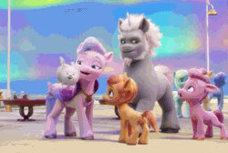 Size: 1103x741 | Tagged: safe, derpibooru import, screencap, cloudpuff, queen haven, unnamed character, unnamed pony, dog, earth pony, pegasus, pomeranian, pony, unicorn, my little pony: a new generation, spoiler:my little pony: a new generation, alphabittle blossomforth, animated, aurora borealis, beard, cheek rub, cheek squish, colt, facial hair, female, filly, flying pomeranian, foal, g5, gif, happy, image, jewelry, laughing, male, mare, maretime bay, nodding, nuzzling, one eye closed, size difference, smiling, squishy cheeks, stallion, stare, winged dog, wings, wink